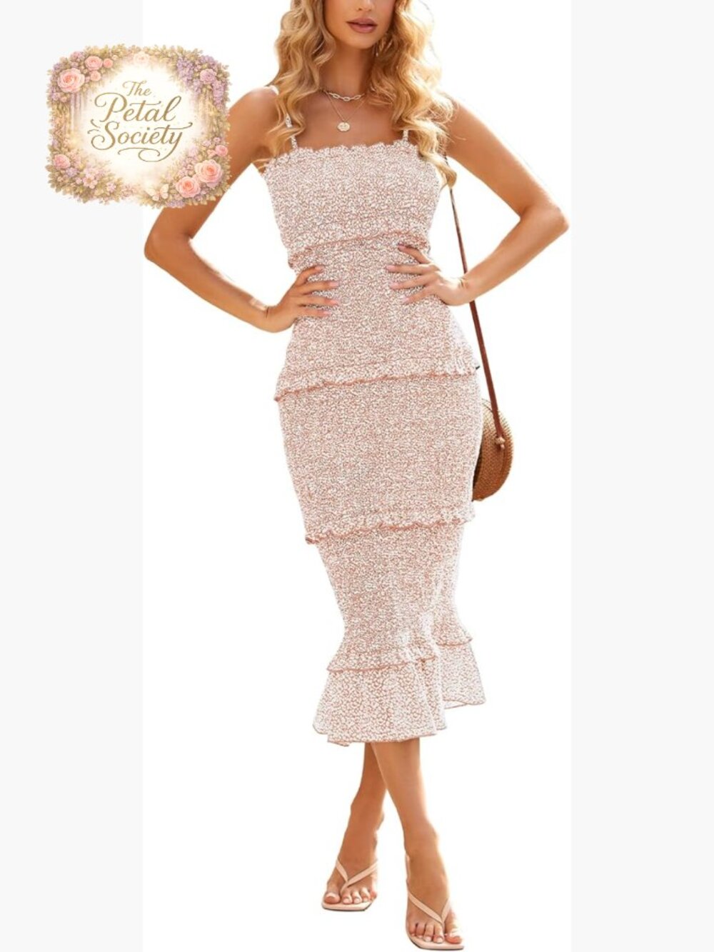 Summer Floral Midi Smocked Bodycon Dress Spaghetti Strap Square Neck